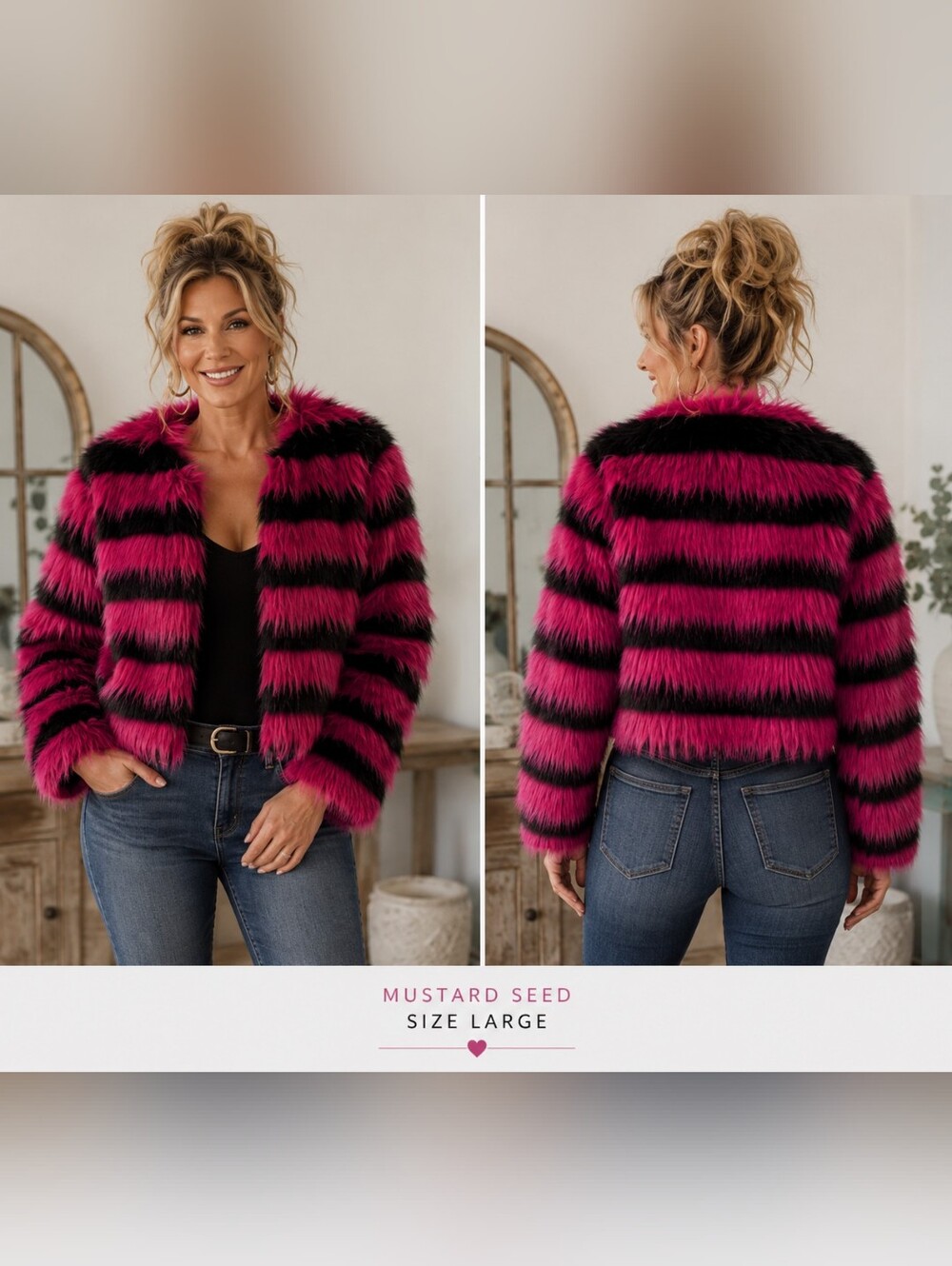Mustard Seed Pink & Black Striped Faux Fur Jacket